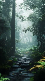 Misty Forest Path Through Ancient Trees and Stream