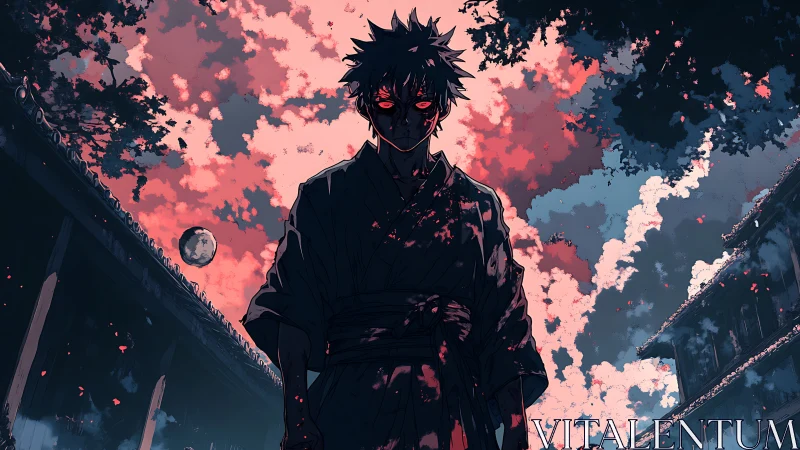 Moonlit demon samurai stalks a blood-tinted temple sky.