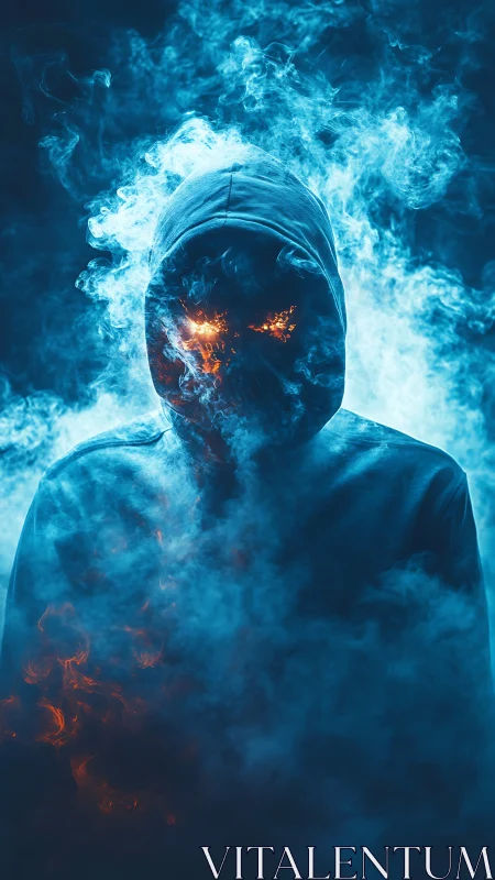 Mysterious hooded figure glows with fire and swirling smoke