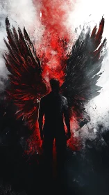 Winged shadowed figure in red and monochrome infernal burst.