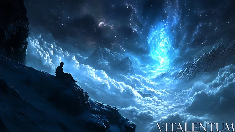 Solitary silhouette above cosmic cloud sea under starlit sky