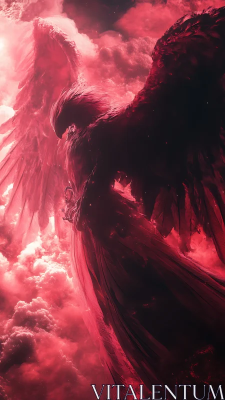 Winged avian silhouette in dense red atmospheric cloudscape.