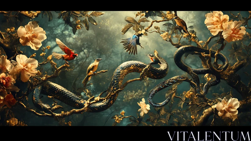 Serpents coil through gilded branches beside luminous birds.