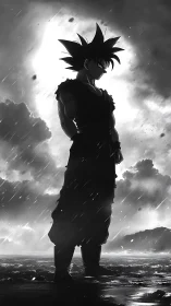 Silhouetted anime warrior figure in stormy coastal rain.