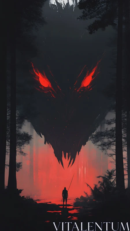 Wanderer Meets a Fiery Forest Guardian in the Gloom.