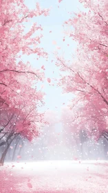 Gentle cherry blossoms drift softly along a pastel pathway
