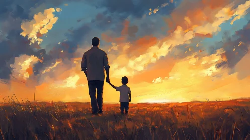 Sunset field stroll with painted father and child silhouettes.