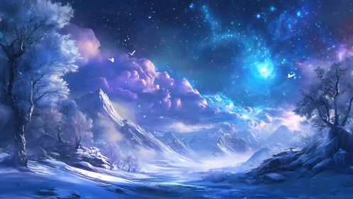 Dreamy winter valley under a swirling cosmic night sky.