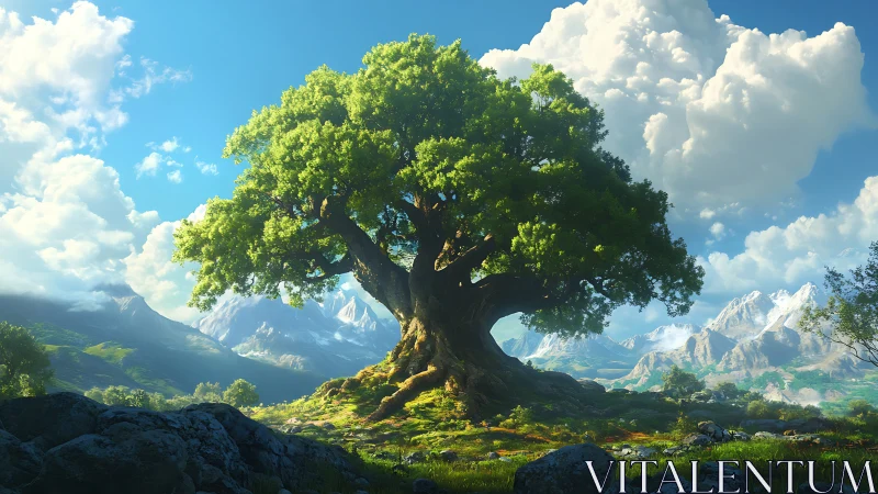 Majestic ancient tree welcomes light in a calm mountain valley
