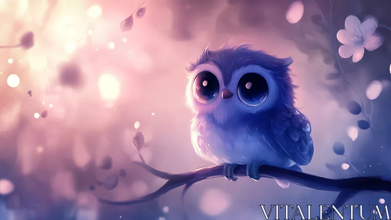 Adorable Big-Eyed Owl on Branch in Dreamy Pastel Fantasy Art.