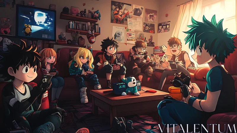 Group of anime teens play handheld games in shared living room