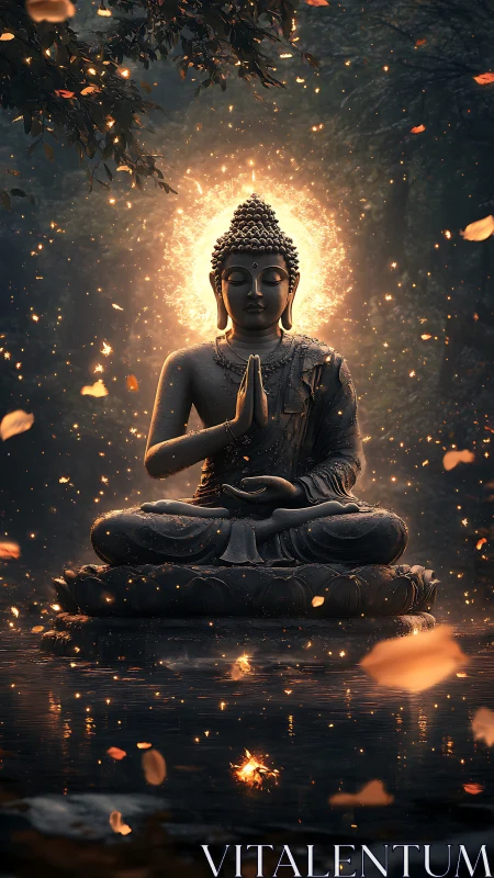 Luminous forest Buddha meditating amid drifting ember leaves.