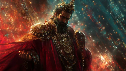 Regal figure in ornate red and gold ceremonial attire.