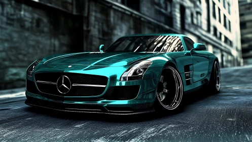 Photorealistic teal supercar in cinematic urban street perspective.