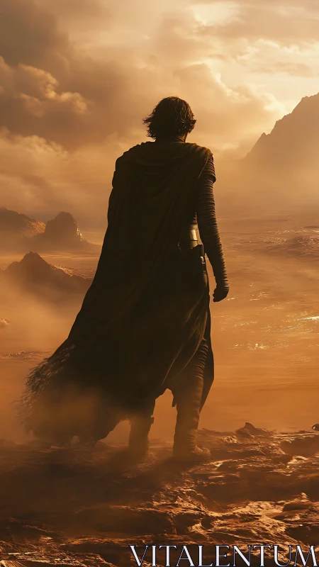 Cloaked lone figure on windswept desert plateau at dusk.