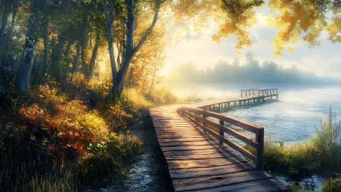 Sunlit lakeside boardwalk curves into misty distant horizon