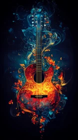 Fiery acoustic guitar blooms with swirling neon florals