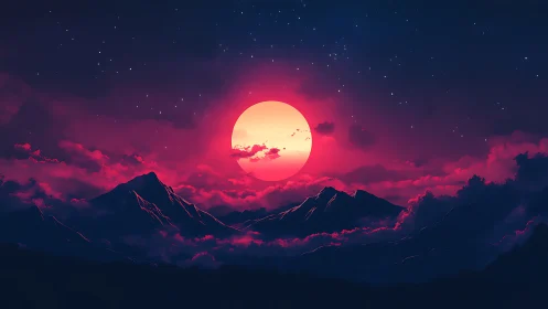 Neon moon sinks behind twilight mountains and glowing clouds.