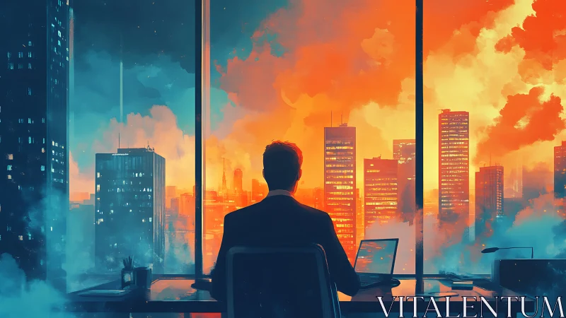Silhouette executive gazes at glowing sunset cityscape