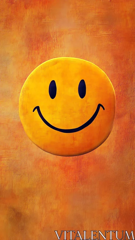 Bold yellow smiley on textured orange abstract field.