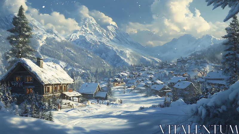 Snowlit mountain village cradled in golden cabin glow.
