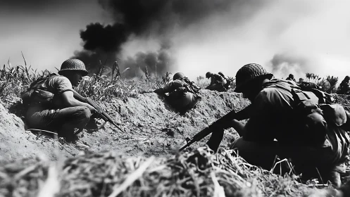 Infantry soldiers advancing through smoke-filled battlefield.