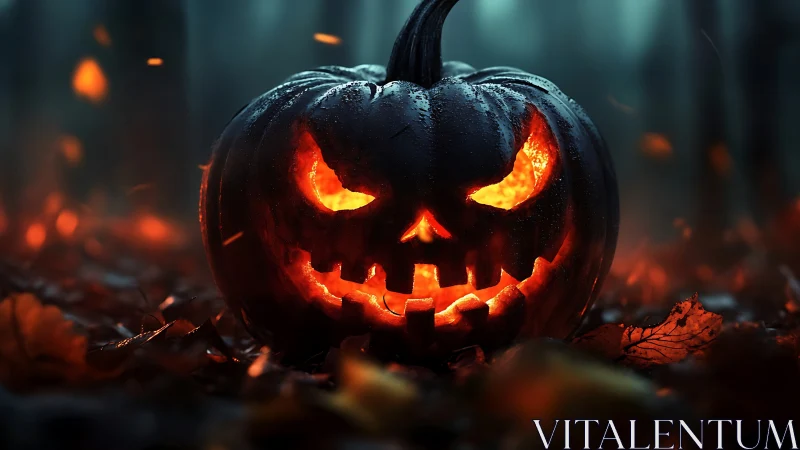 Photorealistic jack-o-lantern close-up in eerie forest setting.