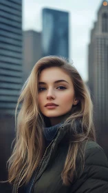 Portrait of young woman outdoors in modern cityscape setting.