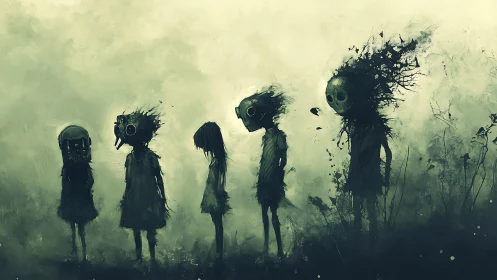 Post-apocalyptic child silhouettes with fragmented gas masks