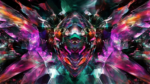 Chromatic crystal vortex shatters into prismatic wingscape.