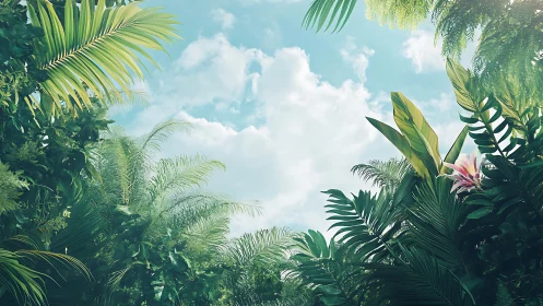 Sunlit tropical canopy framing a soft and dreamy sky.