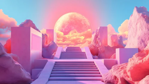 Stairway ascends through pink volumetric clouds toward luminous moon