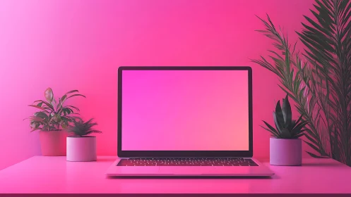 Laptop screen glows amid pink neon light and potted plants