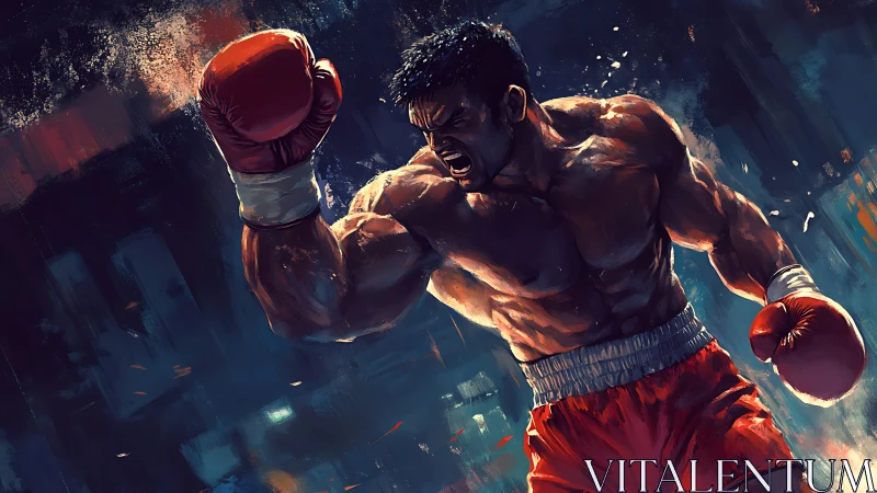 Boxer in Combat Stance with Red Gloves Against Dark Background.