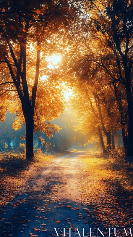 Golden autumn forest path under radiant sunrise glow.
