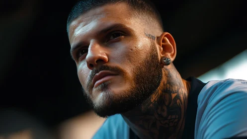 Tattooed man gazes into distance in moody urban light