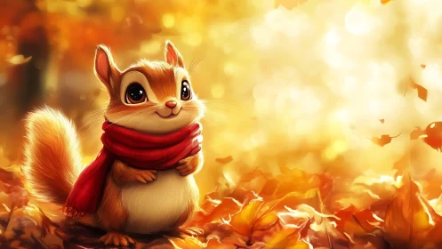 Cartoon chipmunk stands in autumn leaves with scarf