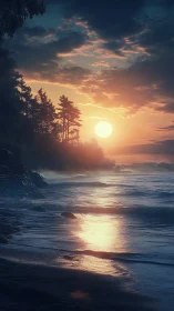 Sunlit forest coastline under vivid atmospheric sunset.