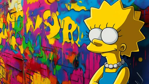 Colorful cartoon girl smiles against bold neon graffiti wall