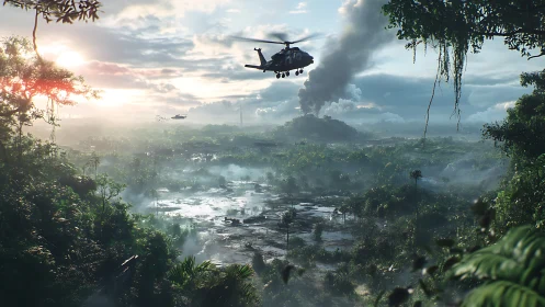Military helicopters over flooded jungle valley at sunrise.