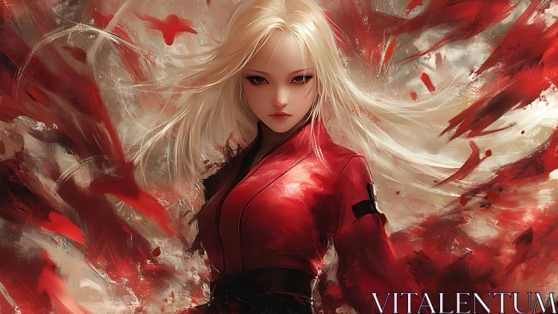 Blonde warrior in red coat amid dynamic abstract crimson strokes