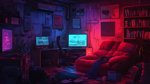 Dim computer workspace with neon lighting and cluttered room.