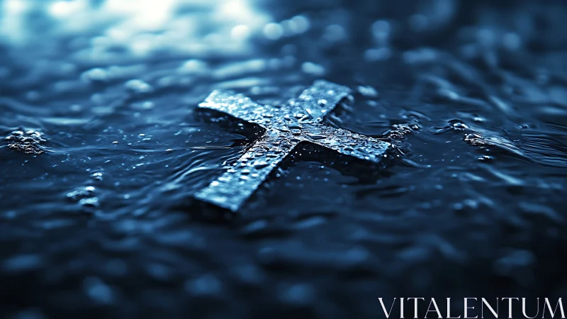 Silver cross drifts through midnight water in quiet shimmer