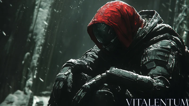 Armored figure in red hood seated in falling snow forest.