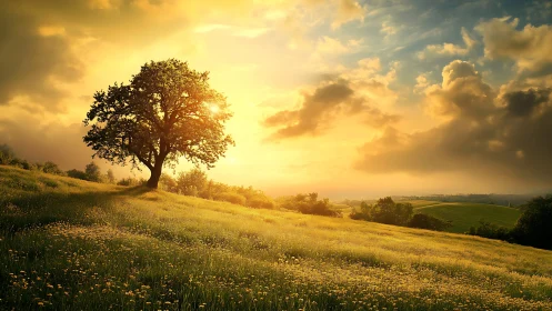 Solitary tree stands on sunlit hillside beneath dense clouds