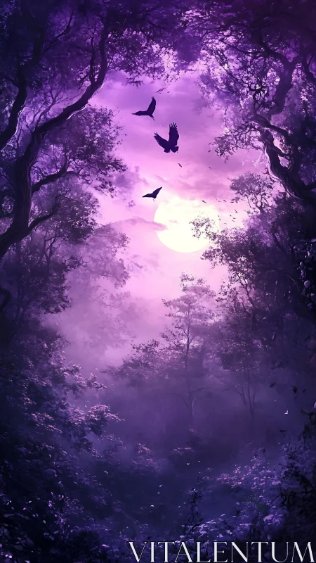 Purple-toned forest canopy frames distant luminous moon