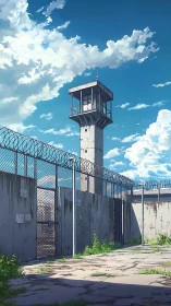 Decommissioned prison watchtower under vivid cumulus sky