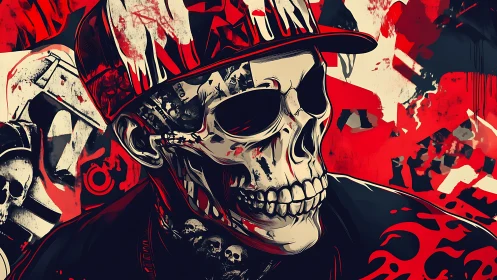 Streetwear skull portrait in bold red graphic style.