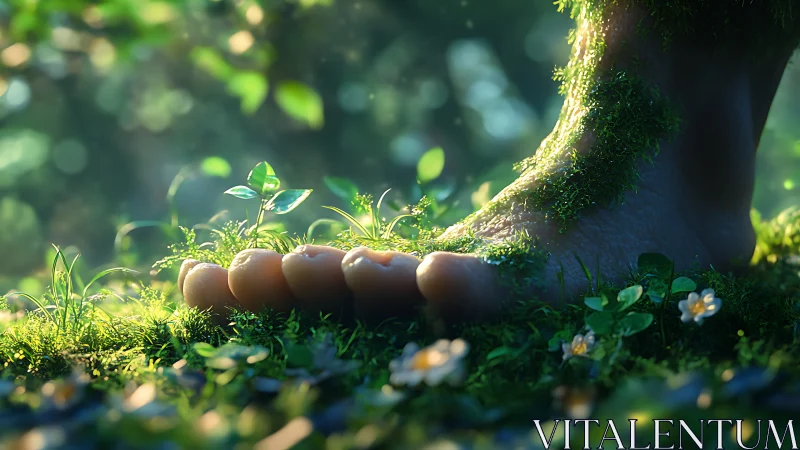 Giant mossy foot in magical forest, enchanting fantasy style.