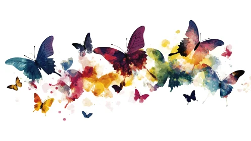 Watercolor butterfly swarm over multicolor ink splash field.